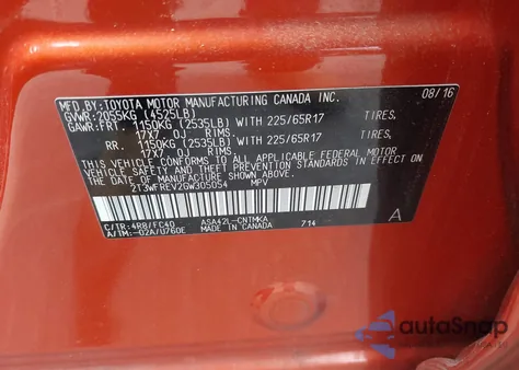 2016 Toyota Rav4 Xle from USA, damaged, VIN 2T3WFREV2GW305054